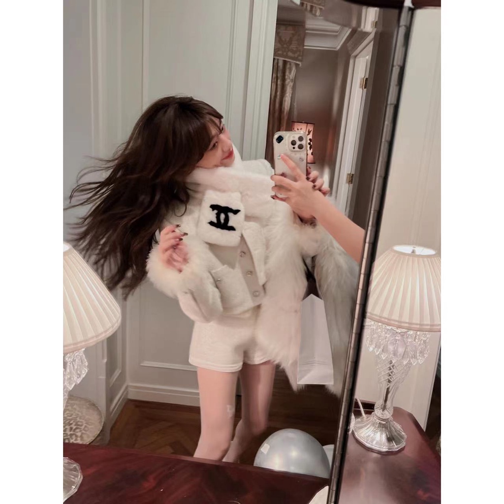 ┅♨Suhao Versi Korea Musim Gugur dan Musim Dingin 2022 Baru Bulu Kerah Pendek Bagian Slim Lengan Panjang Kerah Persegi T-shirt Wanita top In Pasang