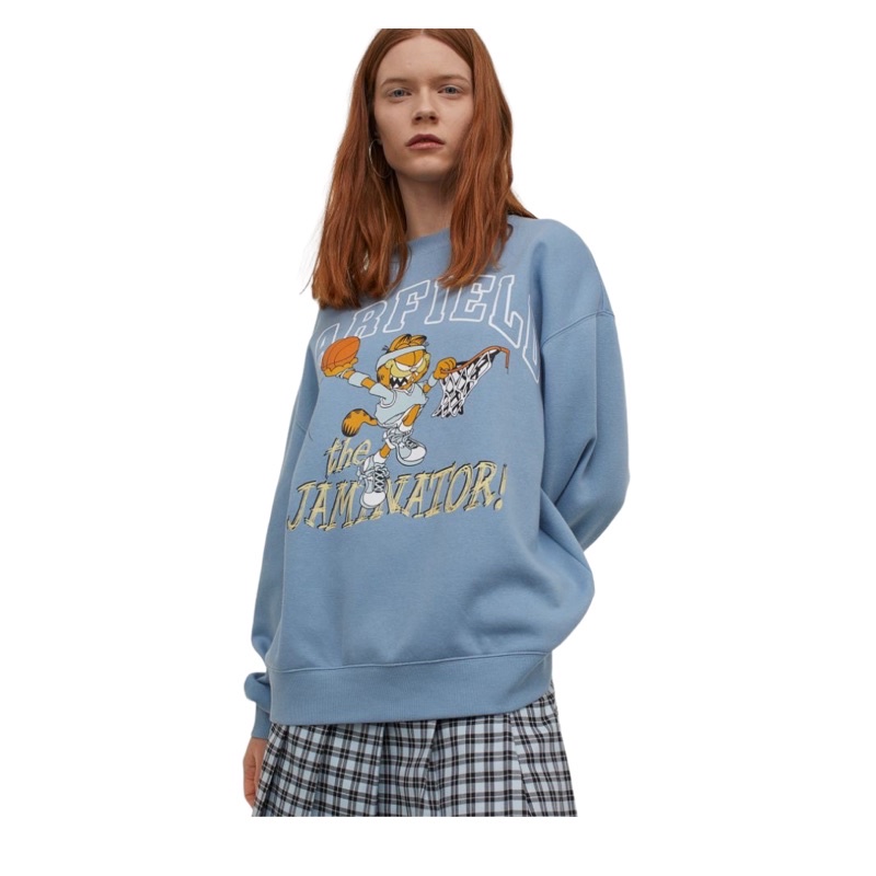 ( 8.8 ) Crewneck Sweatshirt Unisex Sablon Garfield Baby Blue, Flecee Katun Lembut Tebal, Free Papperbag