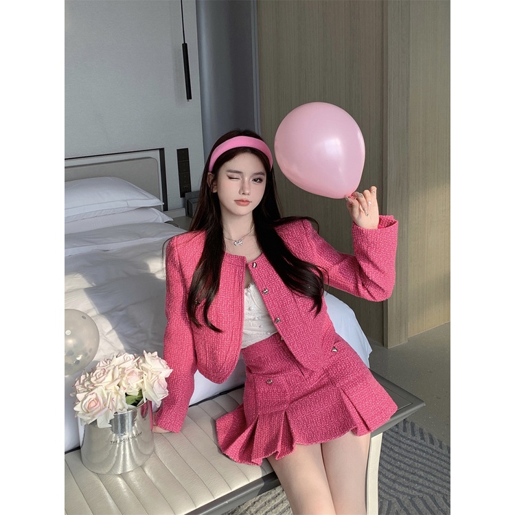 ∈℗Suhao high-end rasa wewangian kecil gaya wanita temperamen jaket mantel wanita musim gugur 2022 setelan baru rok lipit two-piece set