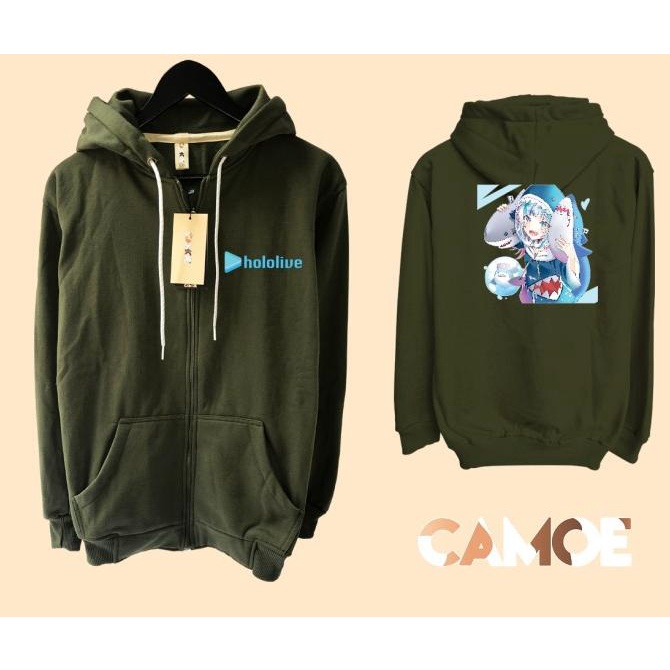 Jacket vTuber Hololive EN Gawr gura Smile Sweater Hoodie Pria Bahan Fleece Sablon Polyflex Zipper Re