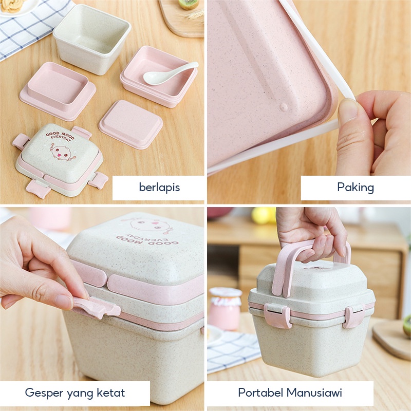 Lunch Box Set Kotak Tempat ​Makan Bekal Free Sendok Material Microwavable Anti Tumpah