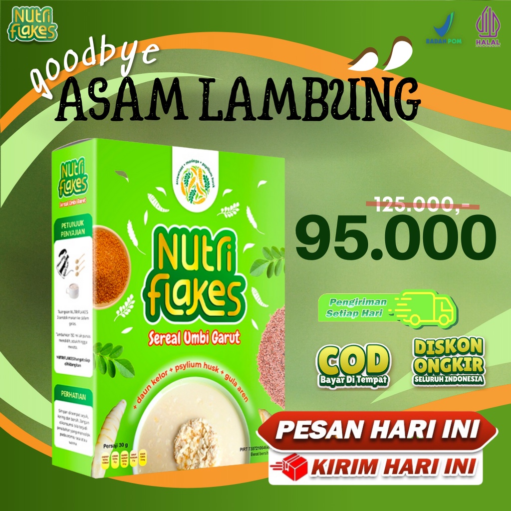 

NUTRIFLAKES Sereal umbi garut, Daun Kelor with Psyllium Husk, solusi ampuh atasi asam lambung, 100% ORIGINAL