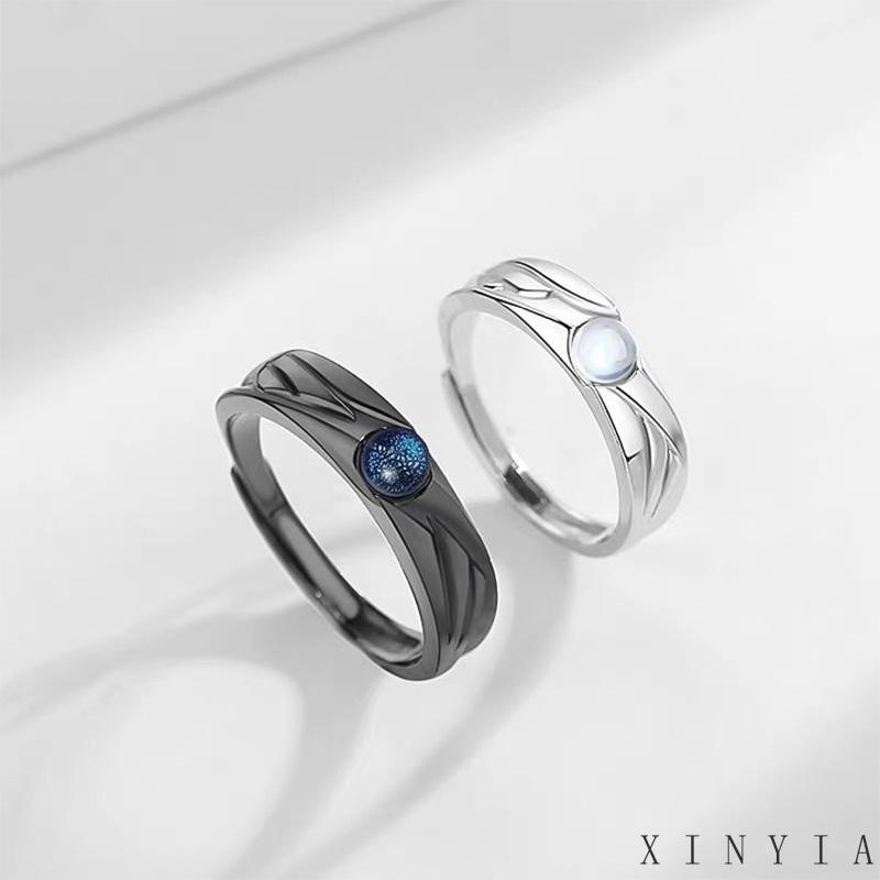 【Bayar di tempat】Cincin Metal Cincin Hitam Putih Moon Shaped Sintetis Moonstone Cincin Fashion Pasangan Yang Dapat Disesuaikan