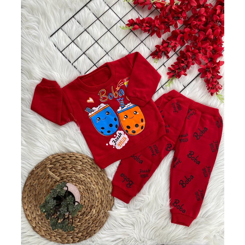 sweater bayi murah lucu motif booba fresh milk setelan sweater 2-12 bulan