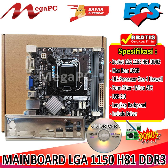 Paket Rakitan Mobo Intel LGA 1150 H81 + Core i3 4130 + Fan + RAM + SSD 512GB + Windows