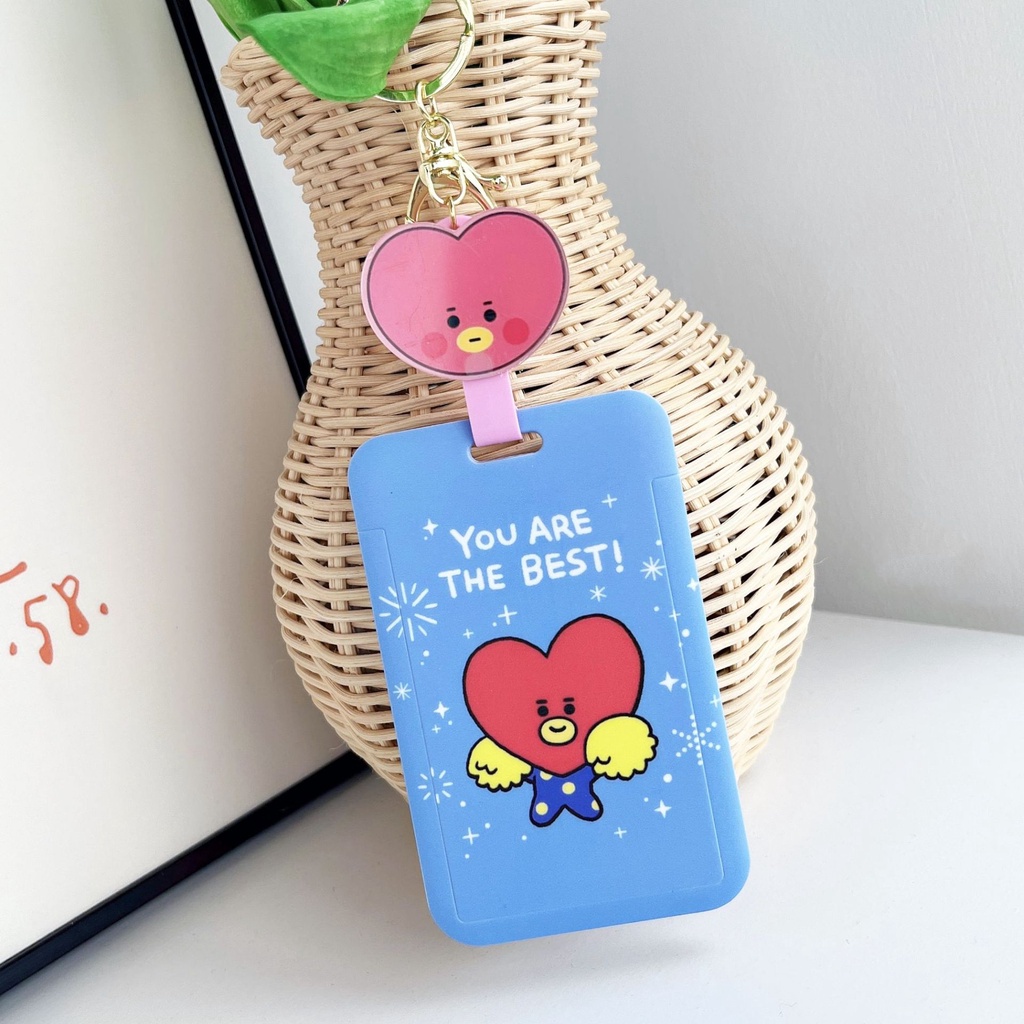 KPOP BTS BT21 Card Holder Hard Case TATA COOKY Photocard Protector Key Ring dengan Rantai Gantung yang Dapat Direnggangkan