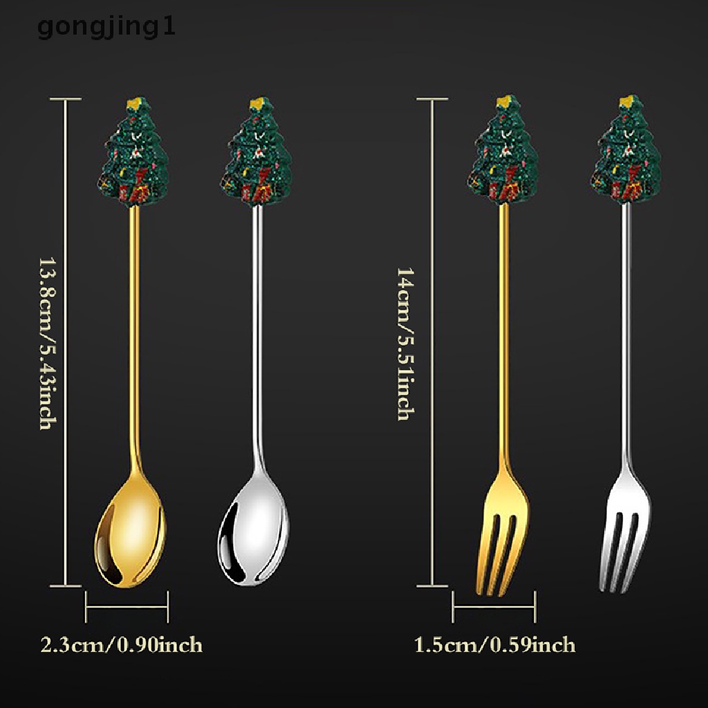 Ggg 2PCS Christmas Gift Sendok Garpu Sendok Garpu Set Rusa Dekorasi Pohon Natal Dessert Spoon Fruit Fork Sendok Kopi Cutlery Gift ID