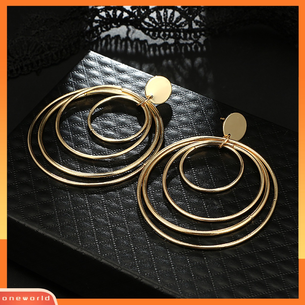 [WONE] Kawat Ear Loop Spring Geometri Multi-circle Retro Berlebihan Anting Paduan Emas Untuk Anniversary