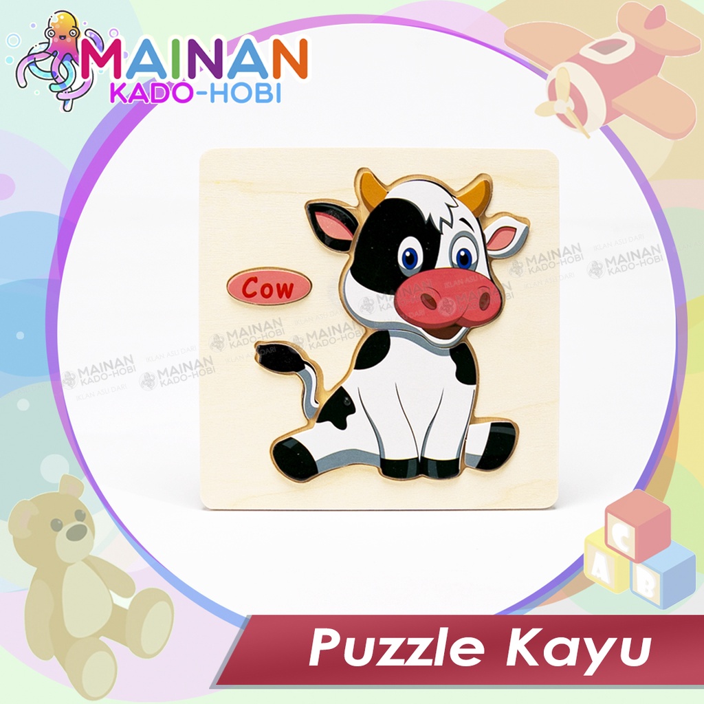 MAINAN LIBURAN ANAK MINI PUZZLE PETAK KAYU KARAKTER HEWAN COW SAPI