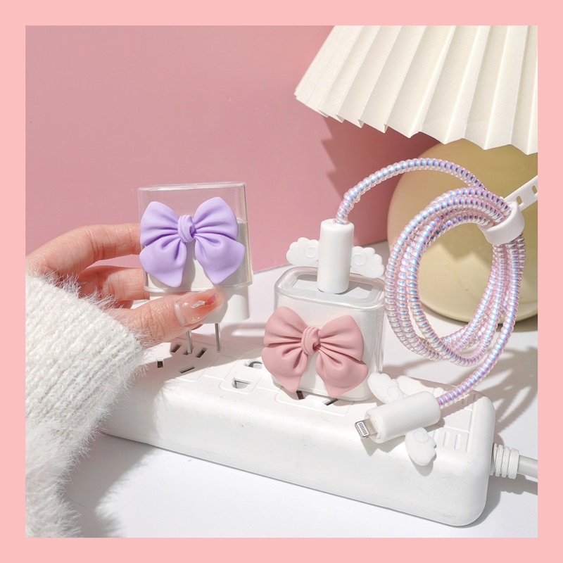 Pink &amp; Purple Bow Softcase Pelindung Kabel Cas HP Lucu Cable Charger Protector for iphone