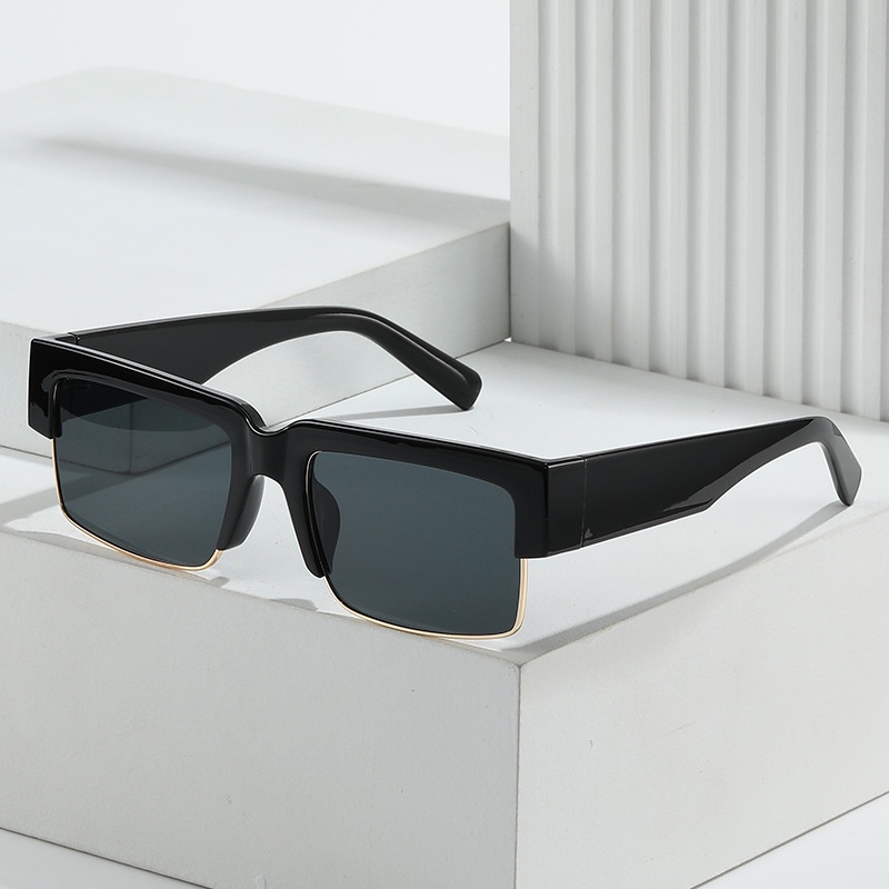 (YUZHU) Kacamata Hitam Persegi Setengah Bingkai Logam Mode Modern Desain Bergaya Baru Dua Tone Kerai Sunglasses Unisex