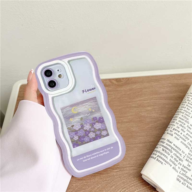 Oppo A17 A16 A57 2022 A15 A16K A54 A53 A12 A5S A7 A3S A11k A31 A52 A92 A94 A93 A37 F9 A1K A76 Lukisan Minyak Bunga Ungu Gelombang Pinggir TPU Phone Case Cover