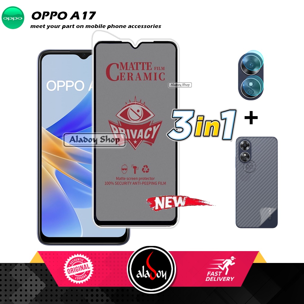 Tempered Glass Anti SPY Oppo A17 Anti Gores Privacy + Tempered Glass kamera dan Skin Carbon