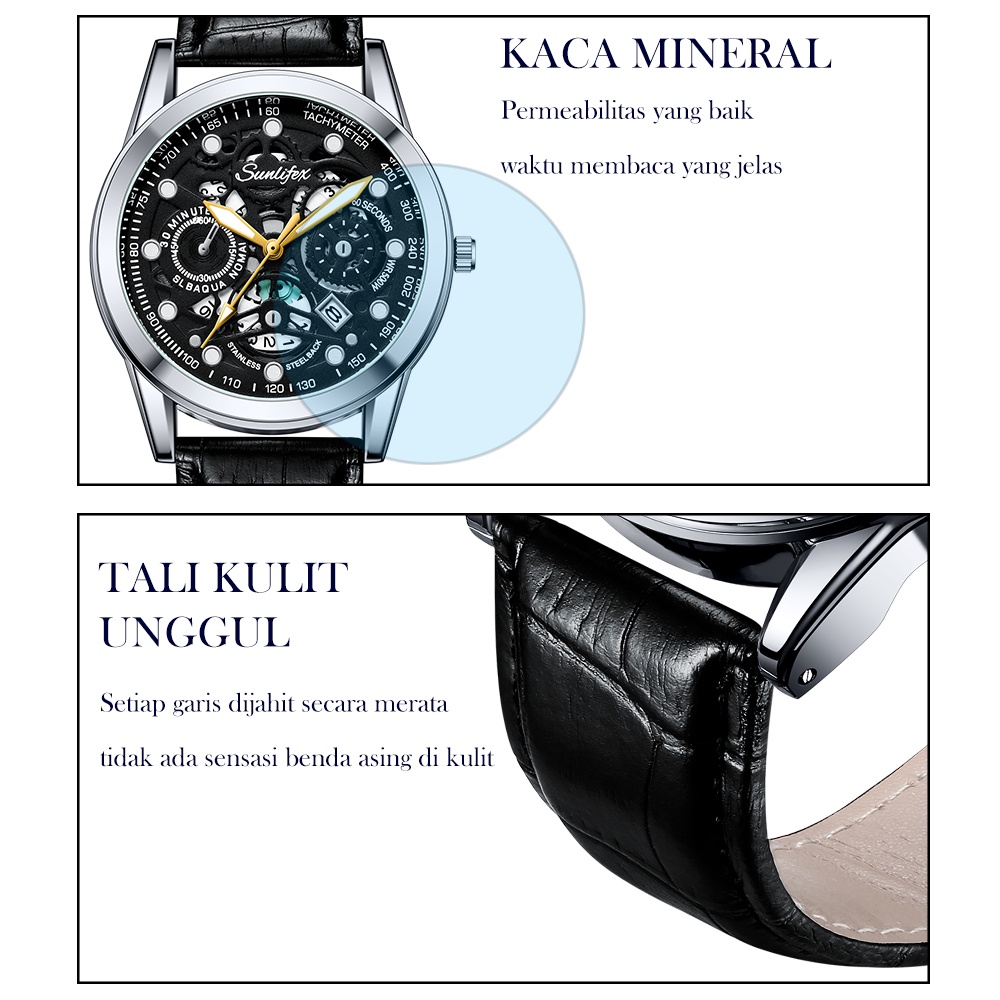 Sunlifex Jam Tangan Pria Dial Berongga Anti Air Kuarsa Tali Kulit Jam Pria Original Santai Mode Jam Tangan Cowok 7001-4