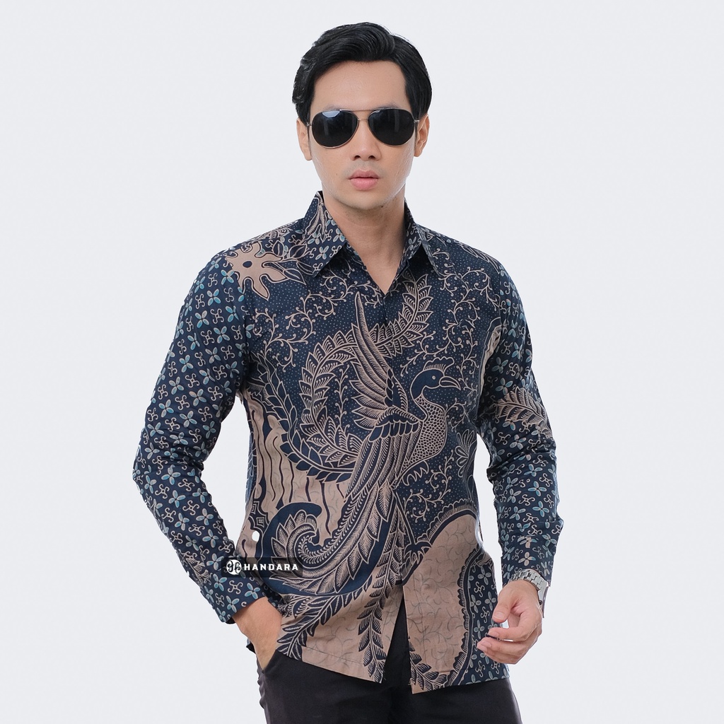 Baju Kemeja Batik Pria Lengan Panjang Slim Fit Premium Modern Full Furing Katun Halus Original Handara Motif Sekar Navy HB-209