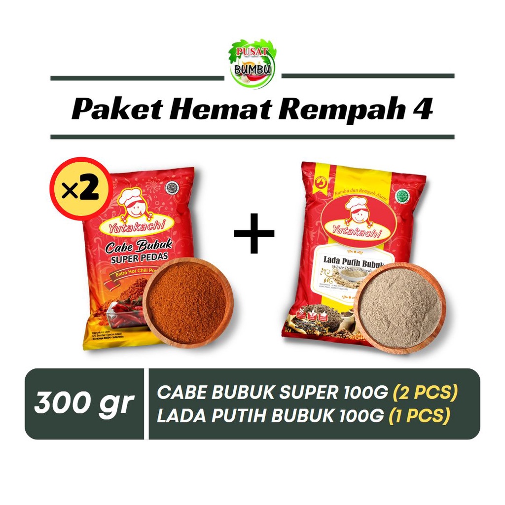 PAKET BUMBU REMPAH 4 Yutakachi Cabe Super (2) + Lada Putih (1) 100 gram