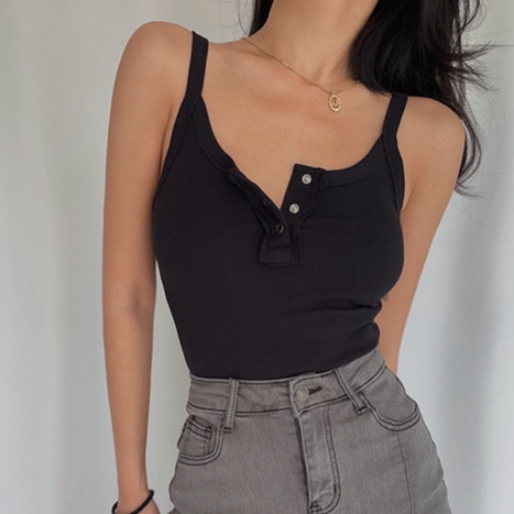 [Premium]Korean Sexy Half Button Rib-knit Crop Top 7282