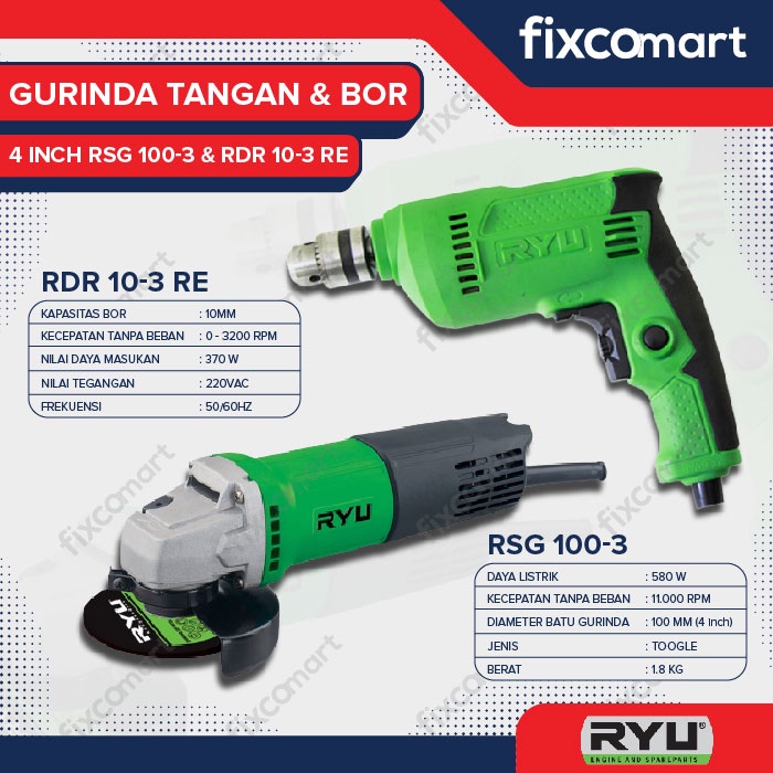 RYU Fixcomart – Ryu Paket Mesin Gerinda Rsg 100-3 &amp; Mesin Bor Rdr 10-3 Re