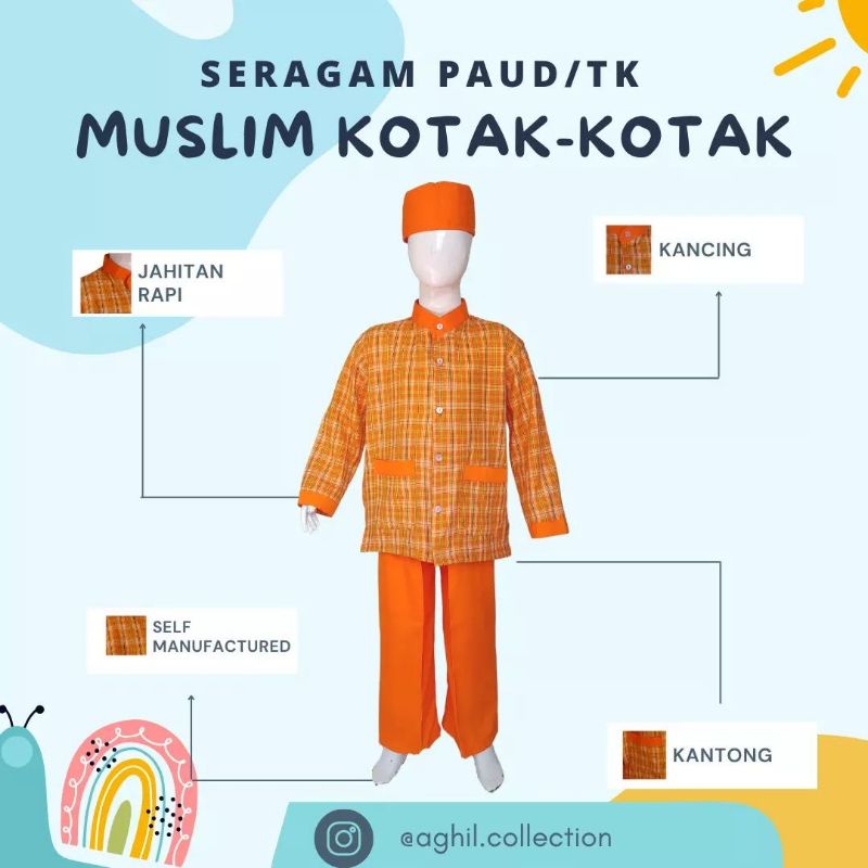 SERAGAM TK/PAUD MUSLIM KOTAK-KOTAK BAJU TK/PAUD MUSLIM KOTAK-KOTAK OREN
