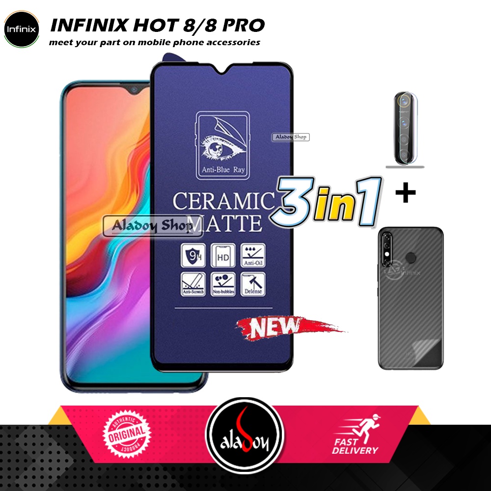 PAKET 3IN1 Anti Gores Blue Matte Anti Glare Infinix Hot 8/8 Pro + Tempered Glass Camera dan Skin Carbon