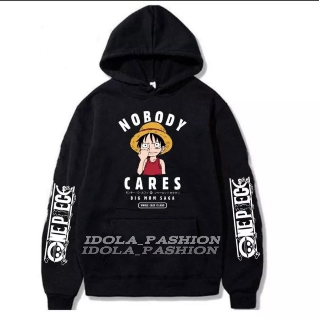 Jaket Hoodie One Piece Anak BIG NON SAGA - Jaket Sweater Hoodie One Piece Monkey D Luffy NOBODY CARES Hitam Premium Untuk Anak Usia 6- 9 Tahu Dan 10-15 Tahun Bahan Flece Tebal - Jaket Hoodie Anak One Piece D Luffy Kekinian Terlaris