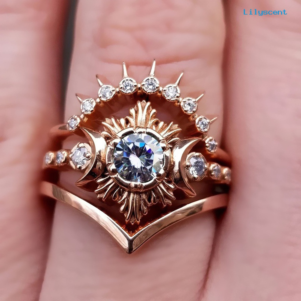 [LS]3Pcs Wanita Cincin Bulan Matahari Stackable Perhiasan Bohemian Tahan Lama Jari Cincin Untuk Pacaran