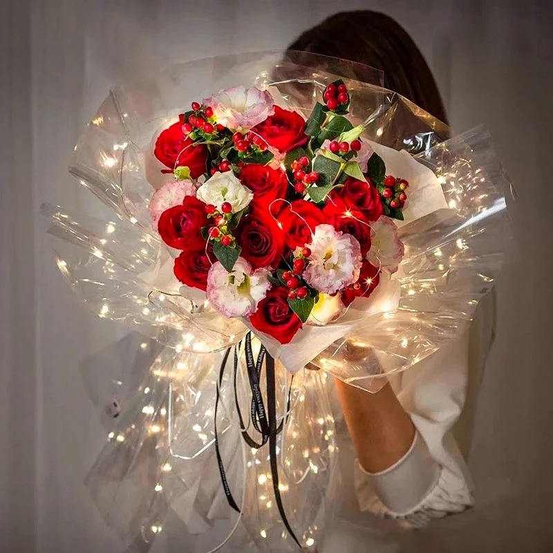 Florist Dekorasi Hadiah Hari Valentine DIY Packaging Wrapping Bag Tote Panjang Bening Bag LED Flash Light PVC Buket Bunga Portable Transparan Perlengkapan Pernikahan Ulang Tahun