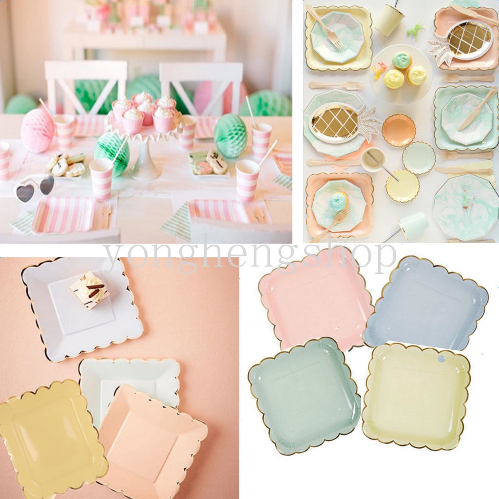 8 Pcs/set Persegi Piring Kertas Sekali Pakai 9 Inci Pernikahan Baby Shower Pesta Ulang Tahun Peralatan Makan Gilding Dessert Kue Piring Kertas