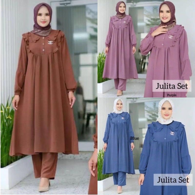 Baju Muslim Terbaru Julita Set Setelan Wanita Tunik long Ld 120