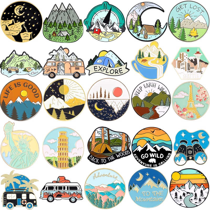 Go Travel Adventure Pin Mountain Forest Lakes Earth Explore Nature Bus Ticket Enamel Pin Button Badge Brooch Women Men Outdoorsy Gift