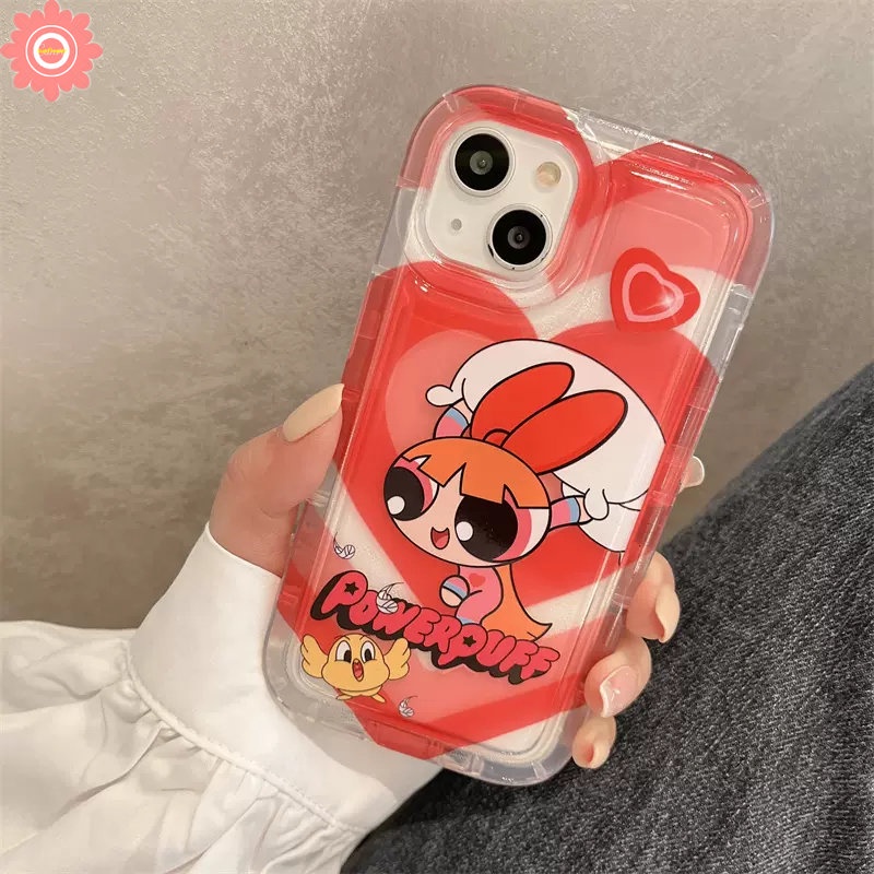 IPHONE Casing Ponsel Anak Perempuan Powerpuff Kompatibel Untuk Iphone14 13 11 12 Pro MAX XR 7plus 78 6 6S Plus X XS MAX Kartun Lucu Manis Cinta Hati Bening Shockproof AiRbag Lembut TPU Penutup Belakang