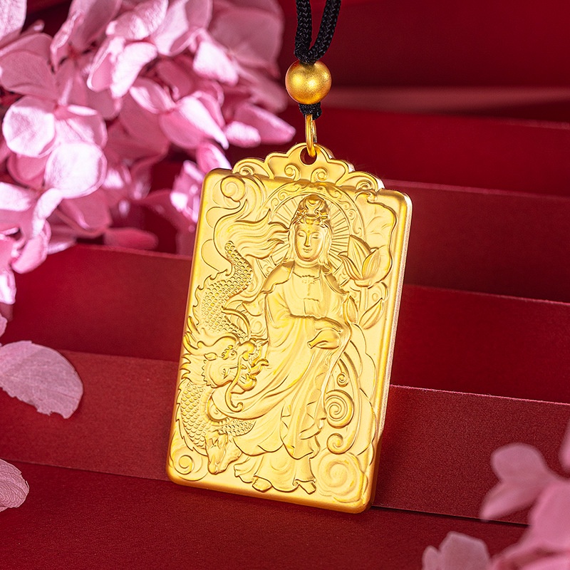 Goldkingdom Perhiasan Fashion Emas Asli Kadar 375Bangkok Aksesoris Ready Stock Lapis Emas Halus Padat Persegi Merek Guanyin Bodhisattva Liontin Untuk Pria