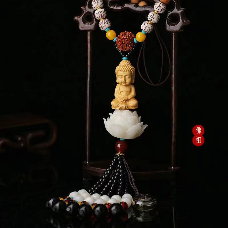 The new white lotus car pendant boxwood Buddha beads safe travel kaca spion ornamen kayu solid aksesoris interior mobil