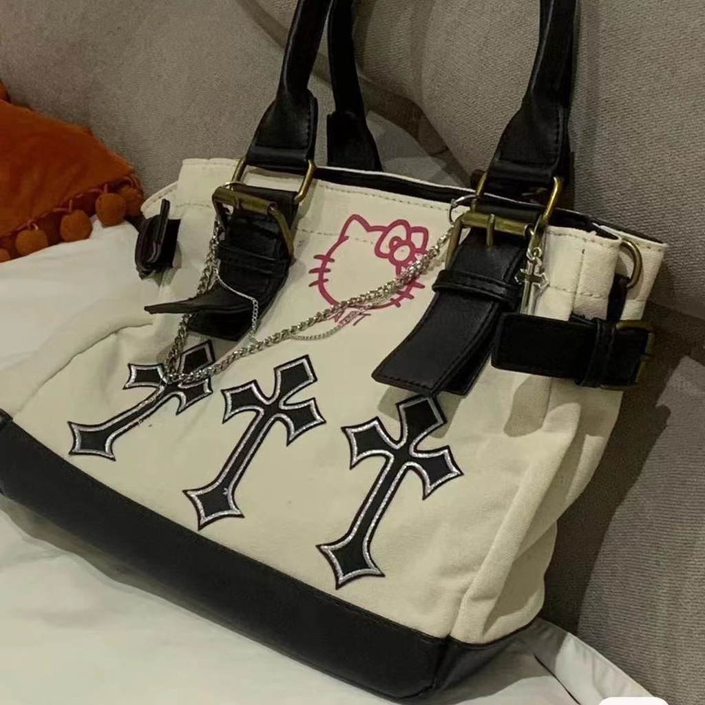 ☄❉◙Sera kaka buatan sendiri HelloKitty retro Harajuku cross tote bag Bahan Y2K strip hot girl portable Messenger bag