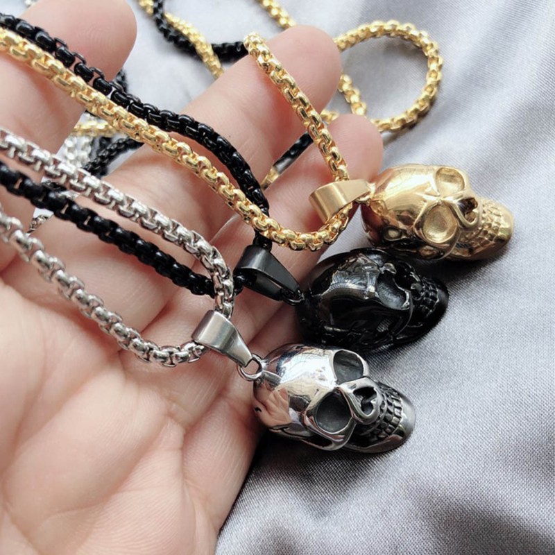 Punk Rock Kalung Pria Pesona Biker Gaya Motor Hitam Stainless Steel Tengkorak Tengkorak Liontin Necklaces