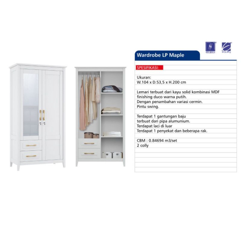 SIANTANO Wardrobe LP MAPLE Lemari Pakaian 2 Pintu Minimalis (Khusus wilayah Palembang)