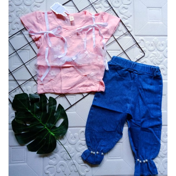 [0-5 TAHUN] SETELAN ANAK PEREMPUAN CELANA JEANS PANJANG MUTIARA IMPORT+KAOS LUCU BAHAN KATUN COTTON PITA 1 2 3 4 5 TAHUN