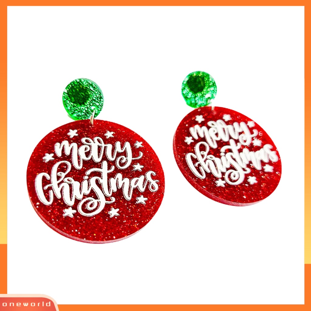 [WONE] 1pasang Anting Menjuntai Hias All-match Glittery Merry Christmas Geometrical Round Hoop Earrings Untuk Perjamuan