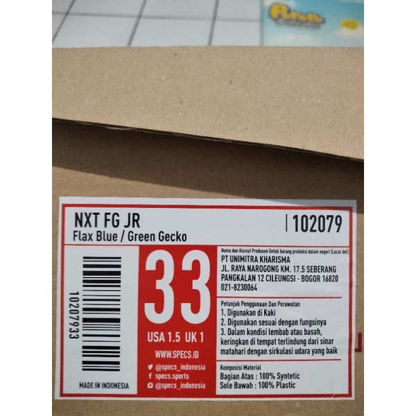 SPECS NXT FG JR (junior)Art code: 102079Komposisi material
Bag Ats 100%syntetic
Sole bawah 100% plas