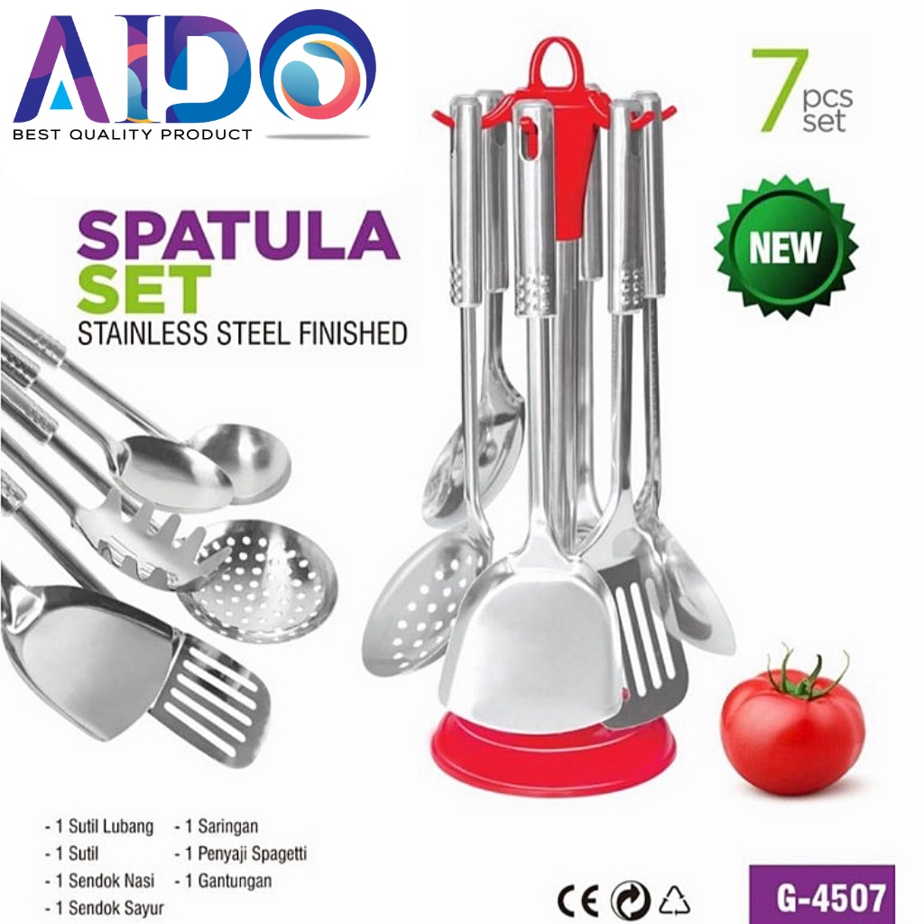 Spatula Set Stainless Steel termasuk gantungan sutil / Sutil Masak Anti Karat Centong Kuah Sop Peniris Sayur Gorengan sodet