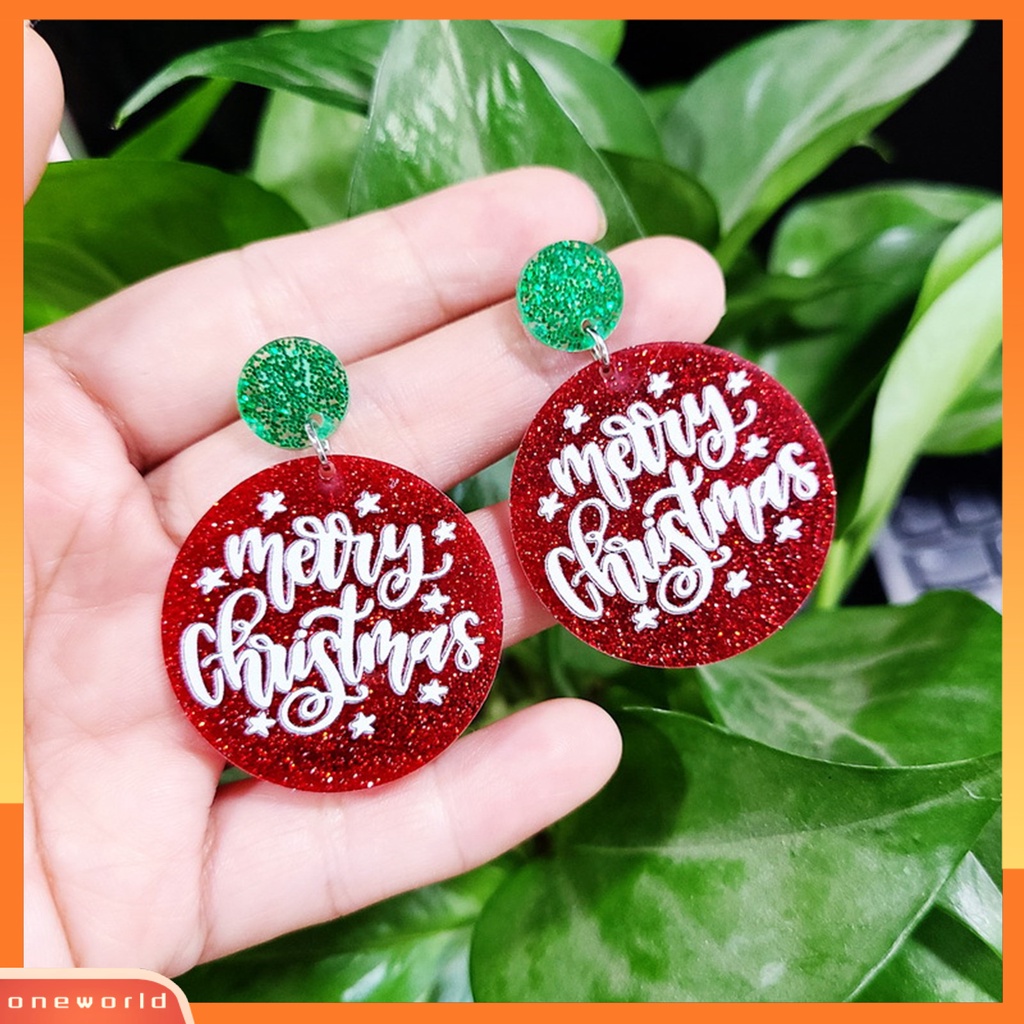 [WONE] 1pasang Anting Menjuntai Hias All-match Glittery Merry Christmas Geometrical Round Hoop Earrings Untuk Perjamuan
