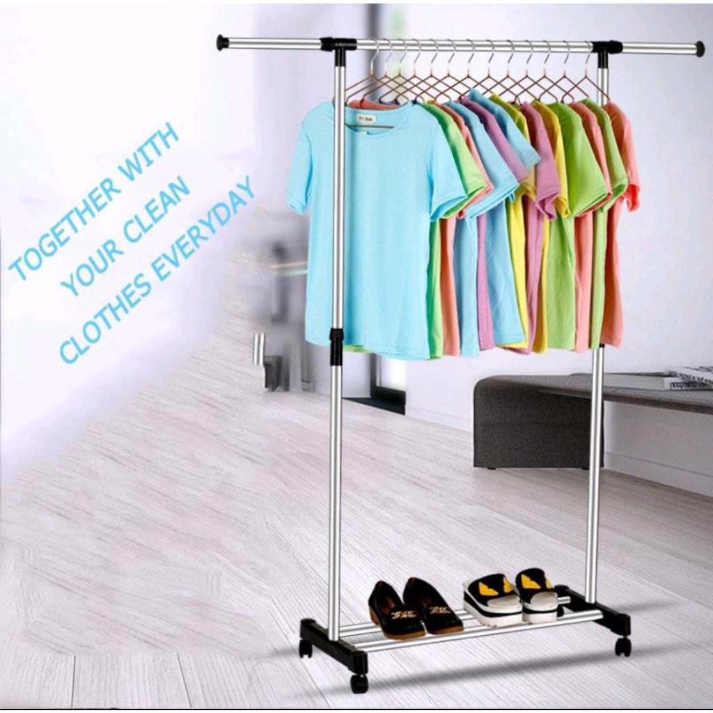 Stand Hanger Single Rak Gantungan Jemuran 4 Roda / Gantungan Hanger Baju Serbaguna