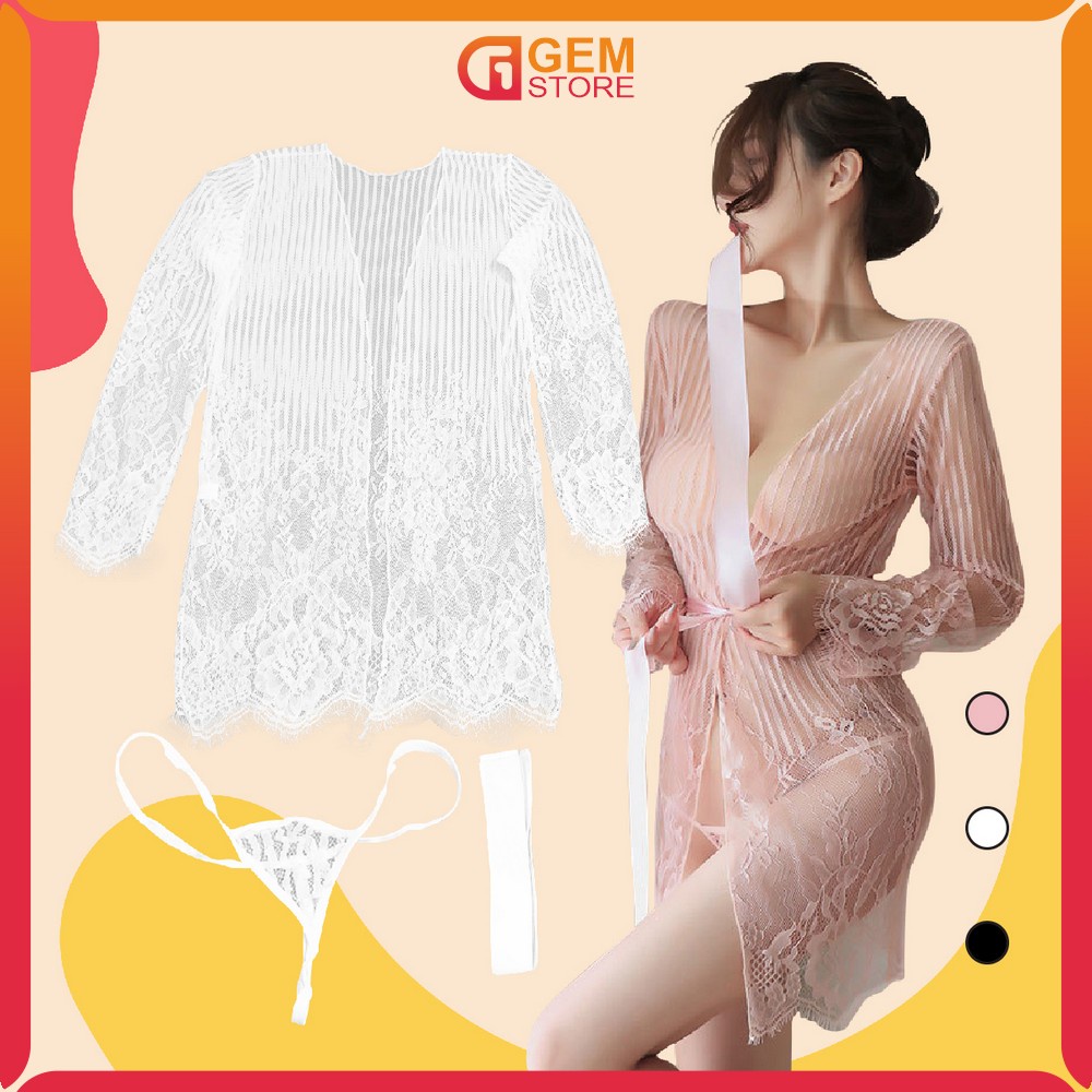 Baju Tidur Lingerie Transparan Sexy Wanita Model Kimono Dengan G String Motif Renda bunga / Lace Piy