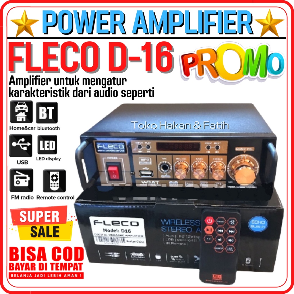 Power Amplifier AC-DC Stereo Bluetooth USB Radio // Amplifier Fleco D-16 BISA BASS + TREBEL + Blueto