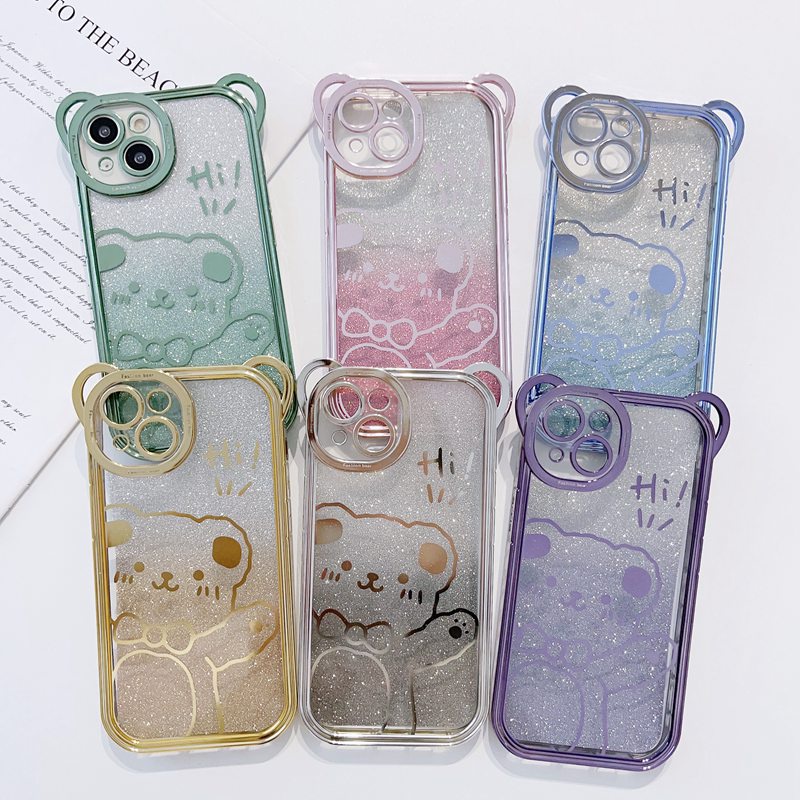 IPHONE Beruang Lucu Perak Ungu Kedip Desain Gelombang Besar Electroplating Lembut Silikon Bunny Case hp Untuk Iphone14Plus Casing Iphone 11 12 13 14 Pro Max Wanita Gadis Hadiah Bumper Cover