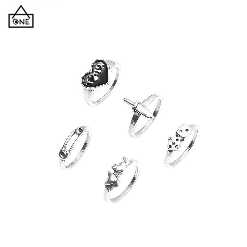 COD❤️Domingo Ring Alloy peniti dadu love pedang retro silver cincin wanita fashion korea 5 set-A.one