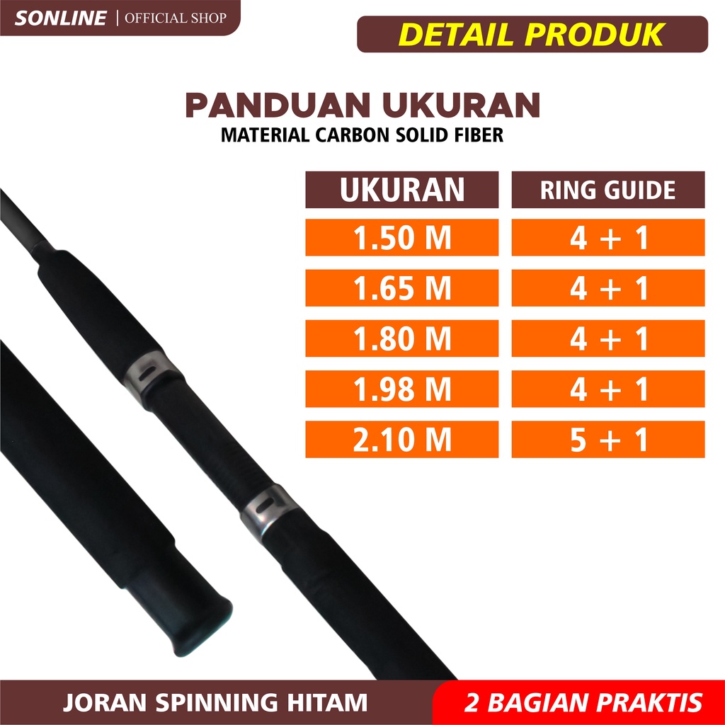 SONLINE Joran Pancing 1.5m s/d 2.10m Fishing Rod Carbon Solid Fiber Joran Pancing Spinning