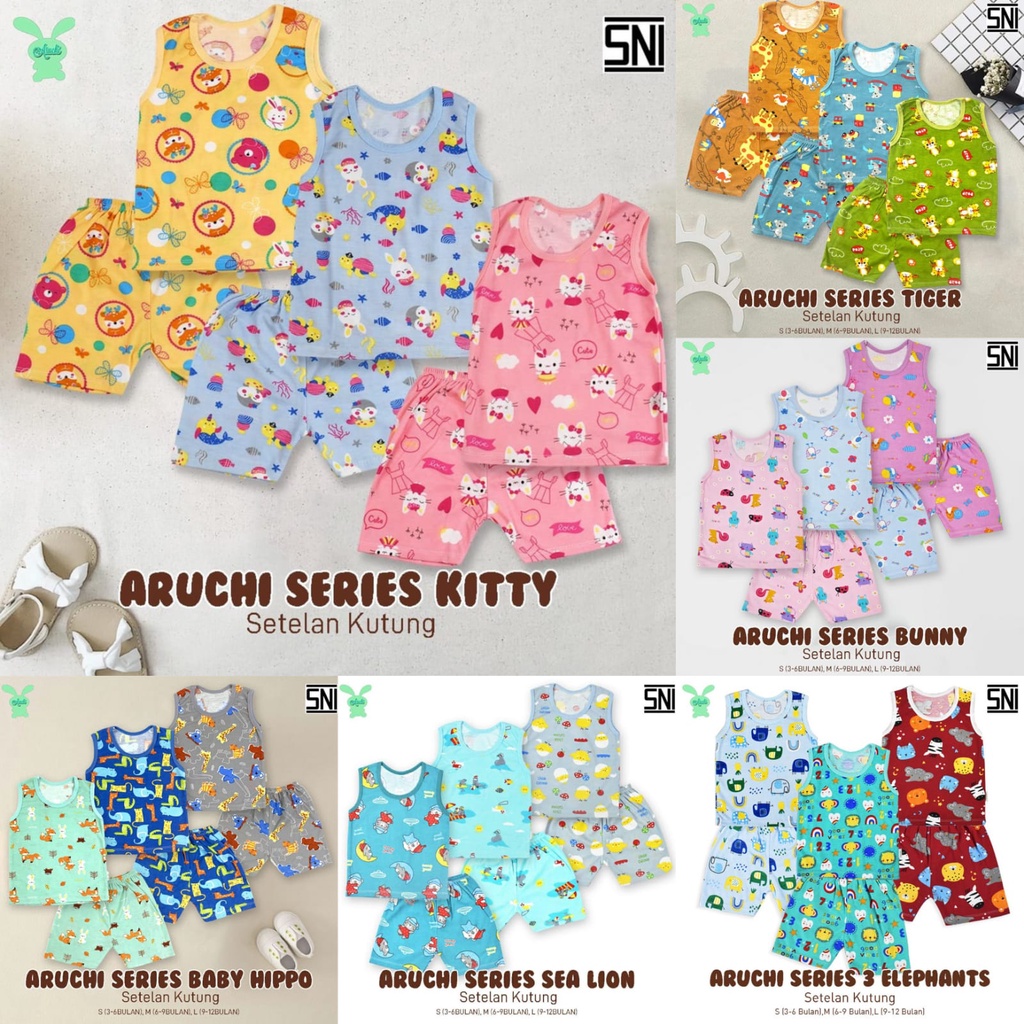 Setelan kutung PIYAMA BAYI Aruchi MOTIF KITTY / TIGER / BUNNY / BABY HIPPO / SEA LION / 3 ELEPHANT H