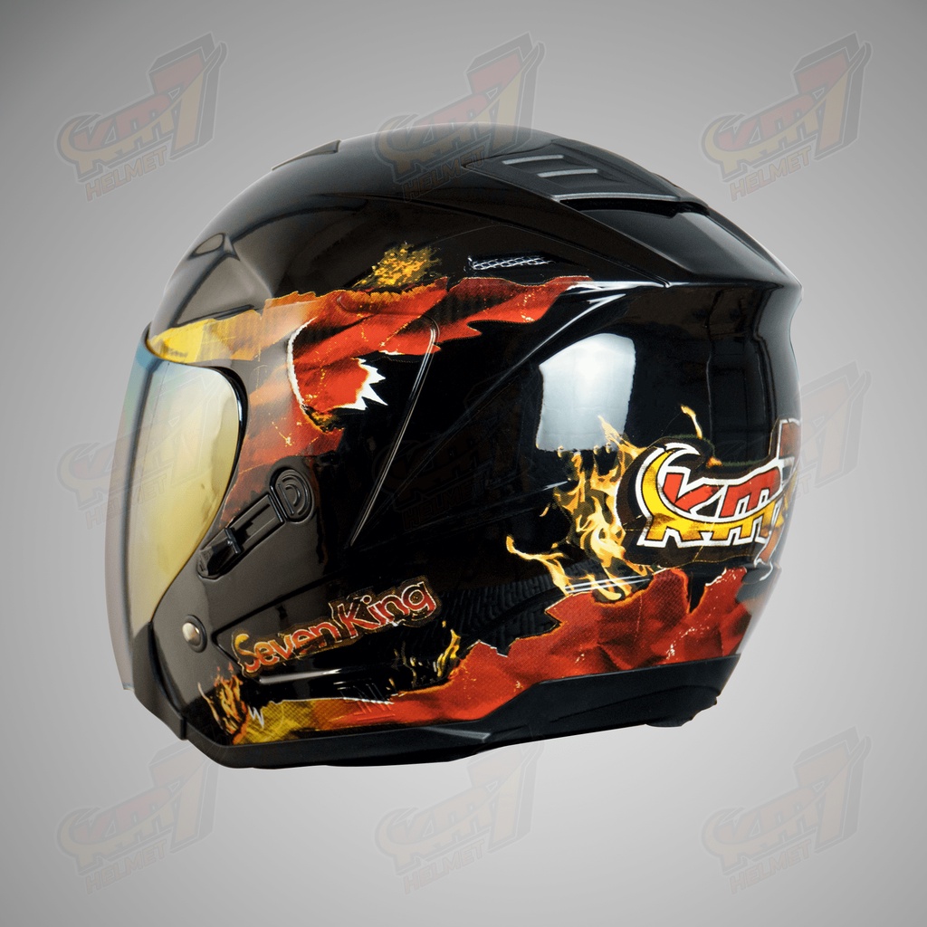KM7 Helmet Motif Api / Fire Black Glossy SNI Half Face Mewah