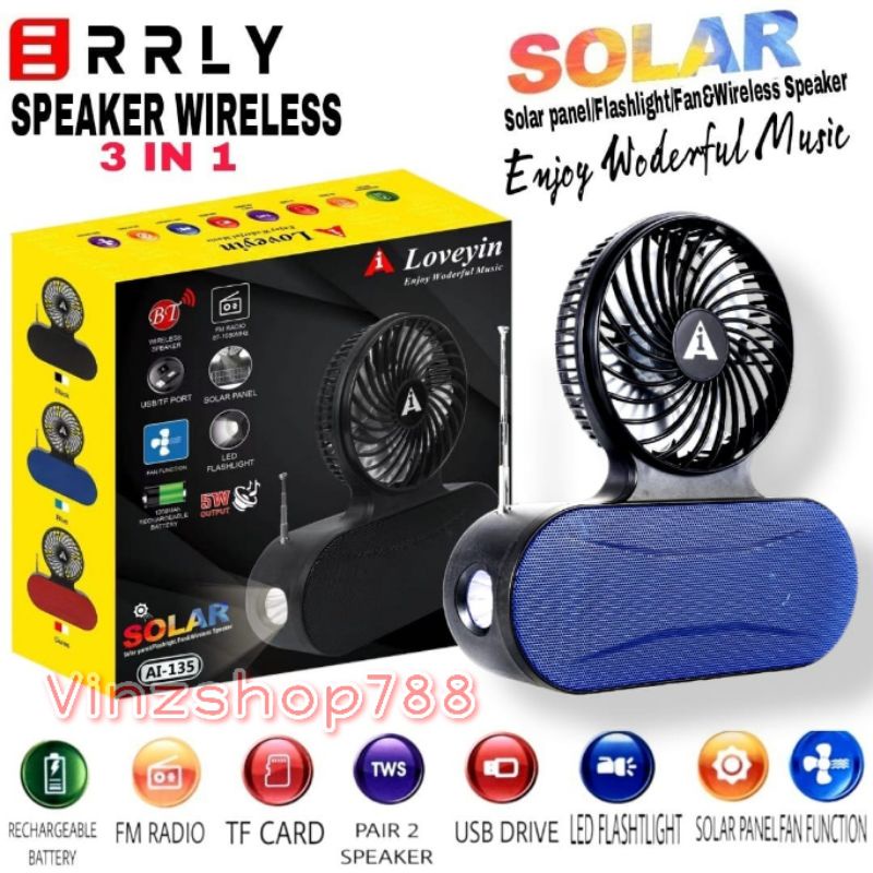 Speaker Bluetooth Solar Kipas Angin ERRLY AL-138 Speaker 3in1 Wireless Portable AL138 Speaker Radio Bluetooth + FAN FUNCTION  Dengan Panel Surya Charger Matahari